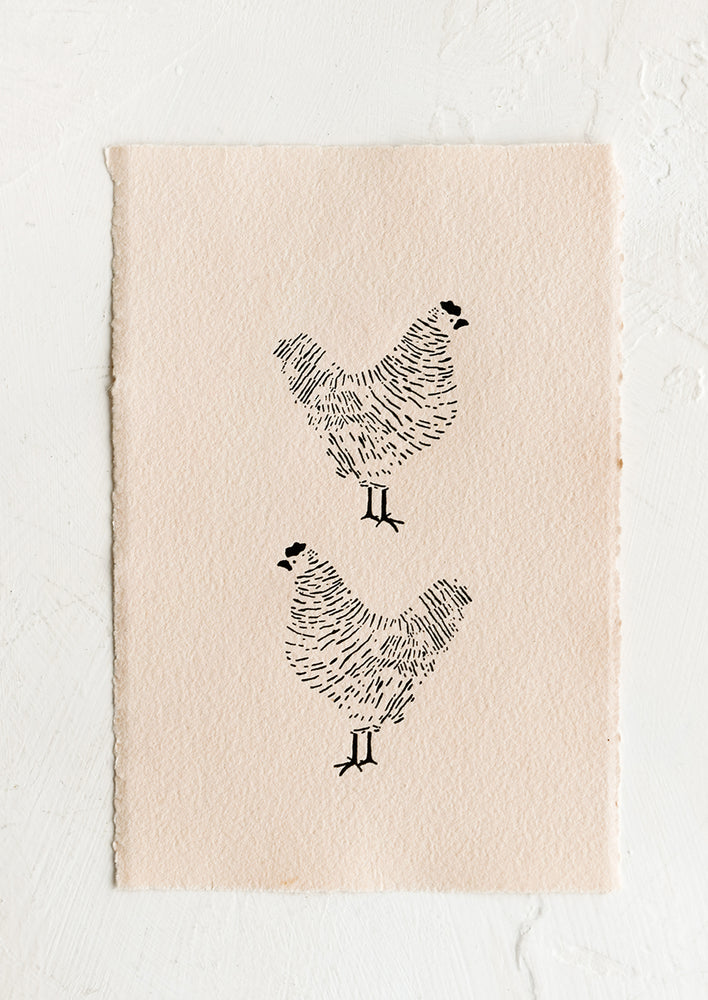 1: A deckled edge print with two chickens.