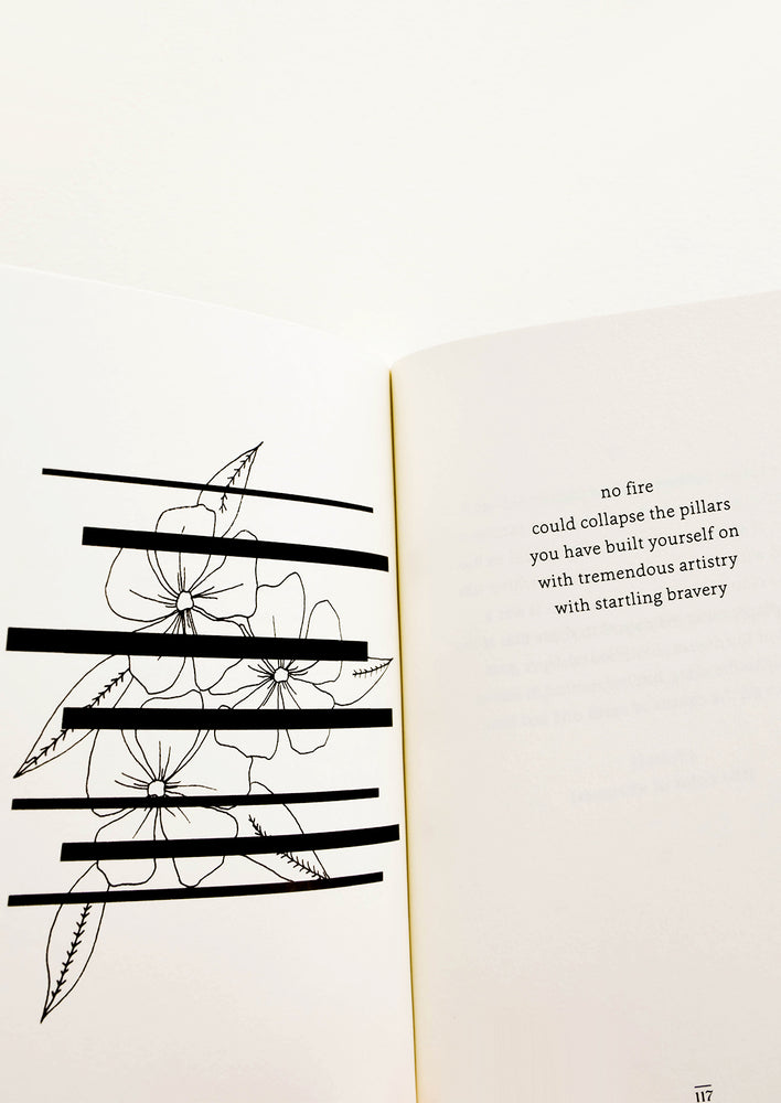Inside pages of a softcover poetry book featuring a mix of illustrations and short poems