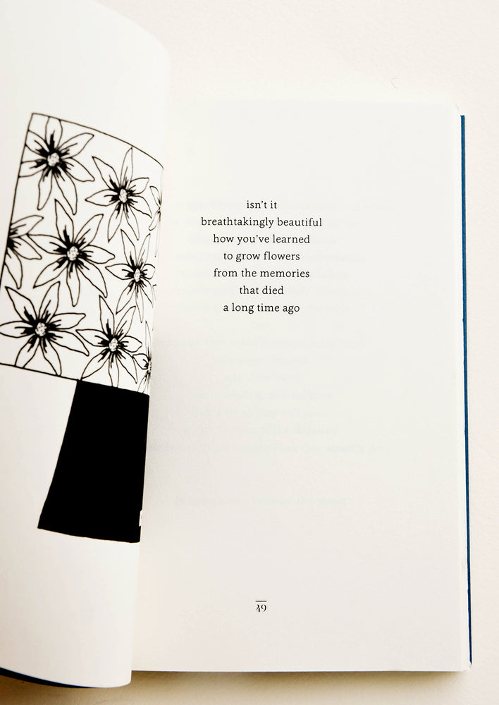 Inside pages of a softcover poetry book featuring a mix of illustrations and short poems