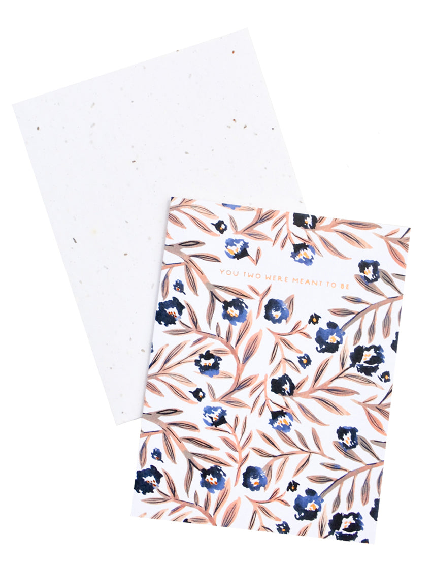 3: Notecards with blue flowers and brown stems and the text "You Two Were Meant To Be", with white envelope.