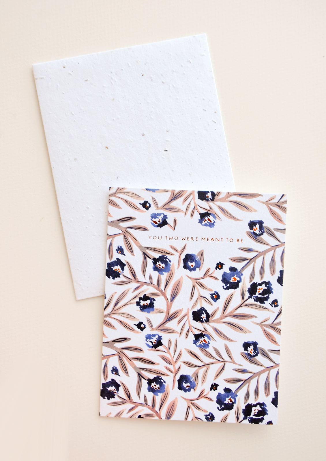 Notecards with blue flowers and brown stems and the text "You Two Were Meant To Be", with white envelope.