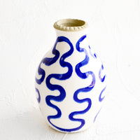 Tall: Tall bud vase in glossy white ceramic with cobalt blue squiggle print